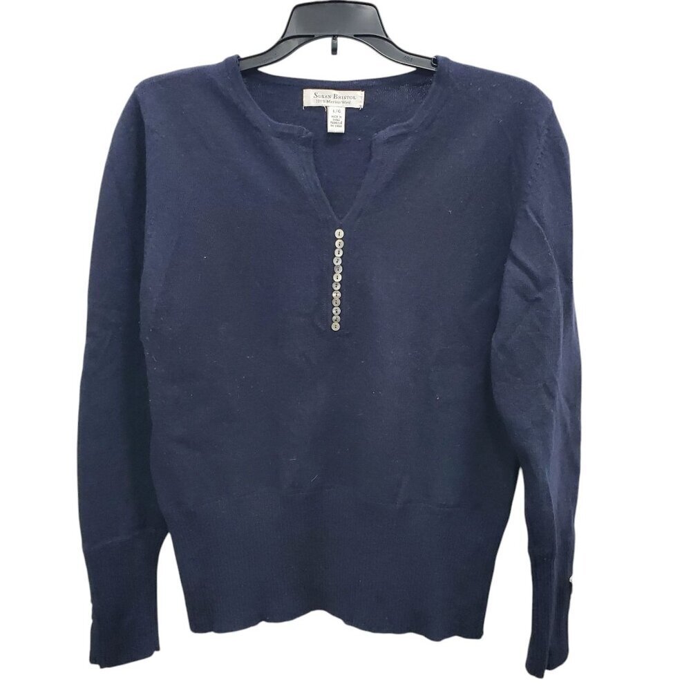 Susan Bristol Navy Blue V-Neck Sweater with Button Placket